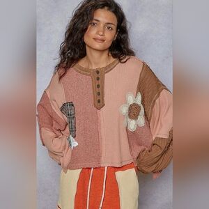 #882 POL Round Neck Cut and Sew Patch Oversized Knit Top